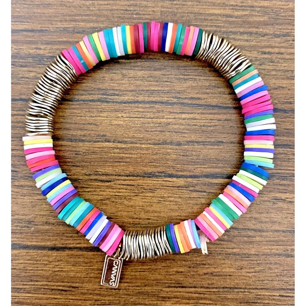 Canvas Multicolor Disc & Gold Tone Stretch Bracelet Boho Chic Beach Summer